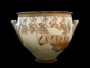 Mykensk civilisation: krater kallad Warriors - Från kretsen av gravar A a Mykenes. 1100-talet f.Kr. - Aten, nationellt arkeologiskt museum - Mykensk konst: Krigarnas krater - Terrakotavas hittad i Mykene