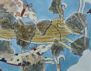 トロント宮殿 (ギリシャ) のフレスコ画。 詳細: イノシシを攻撃する犬のグループ。 ミケーネ文明 スウェーデン語 av Mycenean