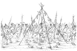 Medicinmän dansar runt en kastrull och tackar den store anden, 1841. av Myers and Co
