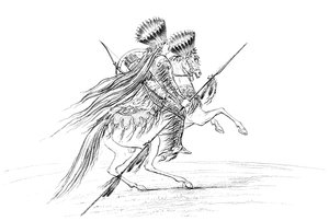 Indianman med vapen och huvudbonad, ridande på häst, 1841. av Myers and Co
