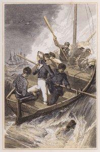 Nelson satte ombord på sitt skepp under en storm (färgad gravyr)