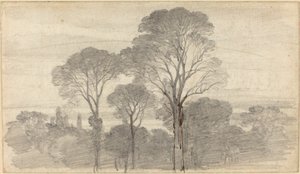 Ett kvällslandskap med höga träd av Myles Birket Foster