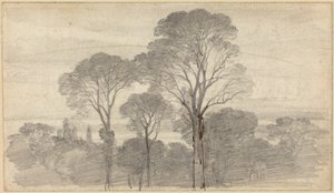 Ett kvällslandskap med höga träd av Myles Birket Foster