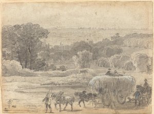 Ett kvällslandskap med en hövagn av Myles Birket Foster