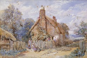 Barn vid en stuga med halmtak på Chiddingfold, av Myles Birket Foster