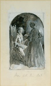 "Emma som tar billet från Madelaine i hennes hårda hand" (bc, penna och wc på papper) av Myles Birket Foster