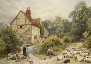 Fowl House Farm, Witley, med barn, en herde och en fårflock i närheten,