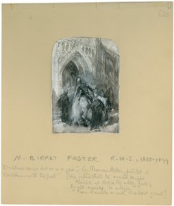 "His Jaded Steed the Armed Knight Reined Up Before the Abbey Gate" (bc, penna och wc på papper) av Myles Birket Foster