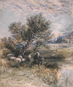 The Angler (akvarell med kroppsfärg på papper) av Myles Birket Foster