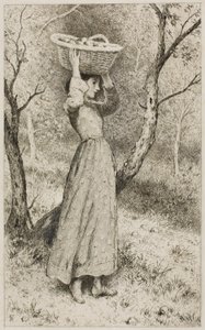 Ung flicka i en fruktträdgård med en fruktkorg av Myles Birket Foster