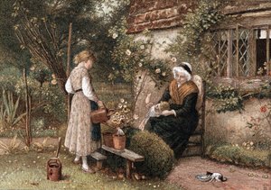Ungdom och ålder. Kromolitografi efter målning av Myles Birkett Foster (1825-1899), engelsk konstnär, utgiven i London 1866. Mormor i spetsmössa sitter i stugträdgård med två barnbarn. Flickan använder vattenkanna för att vattna växt i kruka. Kattunge dric