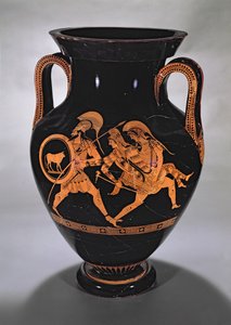 Attisk bukamfora med röd figur som visar bortförandet av Antiope med Theseus och Pirithous, ca 500-490 f.Kr. (keramik) av Myson