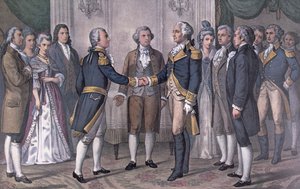 Det första mötet mellan general George Washington (1732-99) och markisen de La Fayette (1757-1834) Philadelphia, 3 augusti 1777, publicerad 1876 (litho i färg) av N. and Ives J.M. (after) Currier