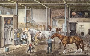 Modellstall där pojkar och hästskötare verkligen tar hand om hästar, gravyr från boken "America" av Currier och Yves 1870 av N. and Ives J.M. (1824 95) Currier