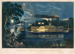 "Rounding a Bend" på Mississippi – The Parting Salute av Currier and Ives