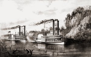 Ångbåtar som tävlar på Mississippifloden, USA. av N. and Ives J.M. Currier