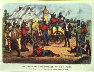 Darktown Fire Brigade tar en vila (färg litho) av Currier and Ives