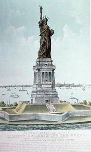 Den stora Bartholdi-statyn, Liberty Enlightening the World (färg litho) av Currier and Ives