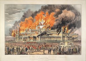 Bränning av New York Crystal Palace tisdagen den 5 oktober 1858 (färglitografi)   Färgad litografi av Currier and Ives