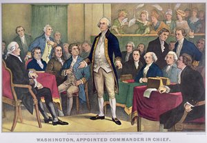 George Washington (1732-99) utsedd till överbefälhavare, publicerad 1876 (färg litho) av Currier and Ives