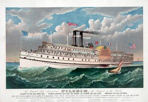 The Grand New Steamboat Pilgrim, ca 1883 (färg litho) av Currier and Ives