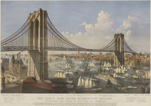 The Great East River Suspension Bridge: Förbinder städerna New York och Brooklyn av Currier and Ives