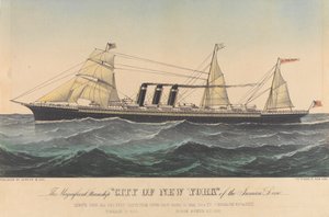 Det magnifika ångfartyget "City of New York" från Inman Line, slutet av 1800-talet (litografi, färglagd)