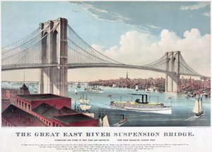 Den stora hängbron East River, c.1883 (färglitografi) av Currier and Ives