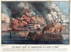 Det stora slaget vid Charleston S.C. april den 7:e 1863 av Currier and Ives
