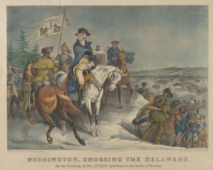 Washington korsar Delaware på kvällen den 25 december 1776, före slaget vid Trenton av Currier and Ives