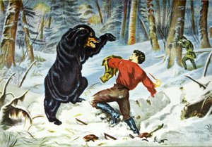 Currier & Ives Illustration 1800-talet. En jägares liv. En tight fix. av N. and Ives, J.M. Currier