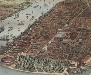 Staden New York (detalj), 1883 av N. and Ives, J.M. Currier