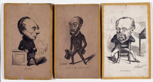 3 Porträttladdning (porträttladdning): Francois Pierre Guillaume Guizot (1787-1874), fransk historiker och politiker, Charles Jean-Baptiste (Jean Baptiste) Jacquot dit Eugene de Mirecourt (1812-1880), fransk journalist och författare, och Pierre -Joseph Pr av Nadar