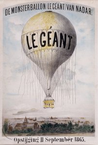 De Monsterballon (Le Giant) van Nadar Opstijging 11 september 1865. Holländsk reklam för avvecklingen av bollen "The Giant" den 11 september av Nadar