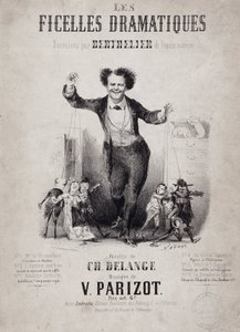 Porträtt av Jean Berthelier (1830-1888) med söner till dockor. Album "Les Ficelles Dramatiques deroulees av Berthelier de l
