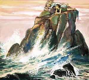 Peter Pan och Wendy Darling på en klippa, illustration ur "Peter Pan" av J.M. Barrie (gouache på papper)