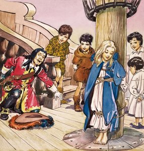 Wendy fastbunden i masten, illustration ur "Peter Pan" av J.M. Barrie (gouache på papper)