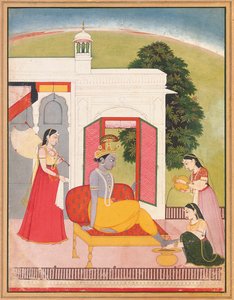 Krishnas fötter tvättas av pigor, Punjab Hills, Basohli, ca 1780
