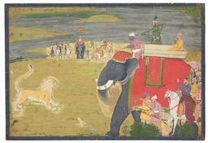 Raja Balwant Dev Singh på ett lejon shikaar, ca 1750