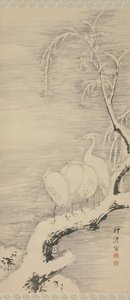 Häger i snön, ca. 1840. av Nakabayashi Chikuto