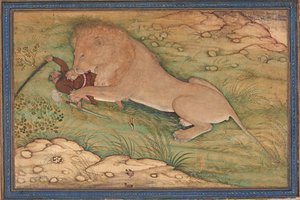 Jaktens faror, ett lejon kastar sig över en jägare, ca 1615 (ogenomskinlig wc på silke) av Nanha