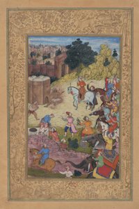 En badhusvårdare förtärs av passion för sin älskade, Folio from a Khamsa..., 1597-98. av Nar Singh