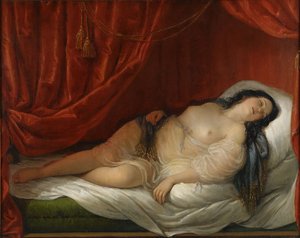 En odalisque i röd inredning, tidigt 1800-tal.