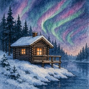 Snöklädd stuga och norrsken av Natalie Bruns