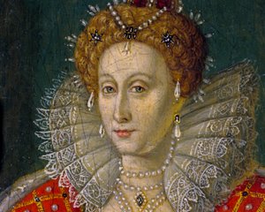 Detalj av miniatyrporträtt i olja av drottning Elizabeth I av England och Irland av Nathan Benn