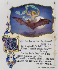Illuminerad sida från en bok med Shakespeare-sonetter som visar en scen ur Stormen av Nathan Benn