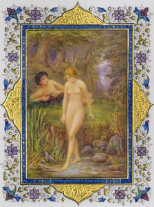 Illuminerad sida från en bok med Shakespeares sonetter med naken kvinna i pastoral fanta... av Nathan Benn