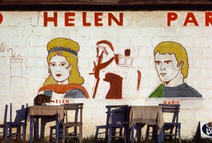 Väggmålning på Helen av Trojas kafé i Troja, Turkiet av Nathan Benn