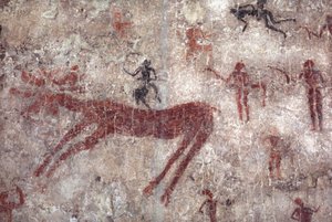 Neolitisk väggmålning av jakt och jägare Catal Huyuk
