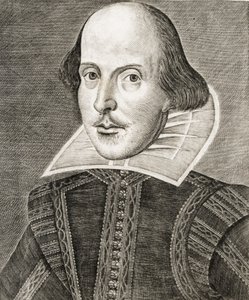 Porträtt av William Shakespeare på framsidan av Comedies, histories,  tragedies i... av Nathan Benn